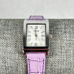 Talbots Watch Womens 20mm Purple Band Embossed Leather Silver Tone New Battery